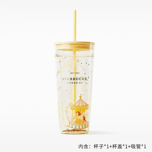 591ml/20oz Yellow Fantasy Carousel Glass Cup with Straw