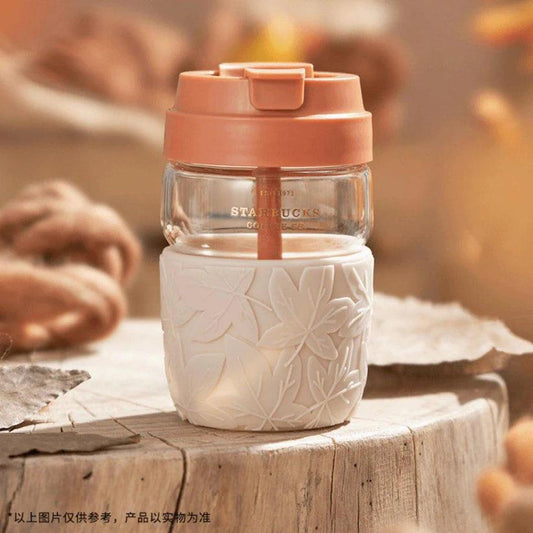 450ml/15oz Maple Leaf Stacked Glass Bottle with Straw (Starbucks Autumn Forest 2022)