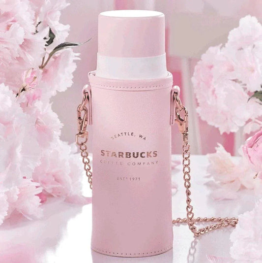 Pink Stainless Steel Vacuum Tumbler with Chain Strapped Pouch 370ml/12,51oz (Starbucks China Sakura Cherry Blossom 2022 Collection ) 