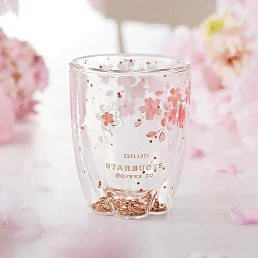 Cherry Blossom Sakura Double Walled Glitter Glass Mug 355ml/12oz  (Starbucks China Sakura Cherry Blossom 2022 Collection) 