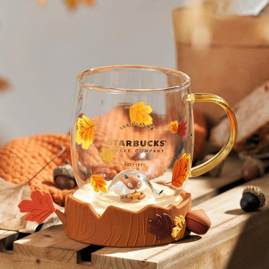 480ml/16oz Fallen Leaves Glass Cup with Squirrel Coaster