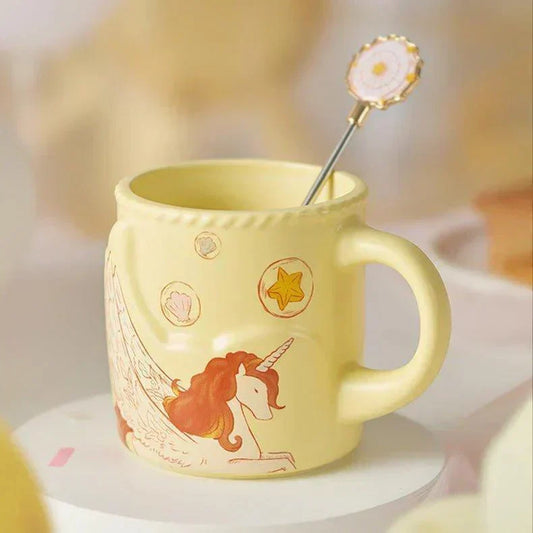 365ml/12oz Yellow Unicorn Ceramic Cup with Carousel Stirrer (Starbucks Yellow Fantasy)