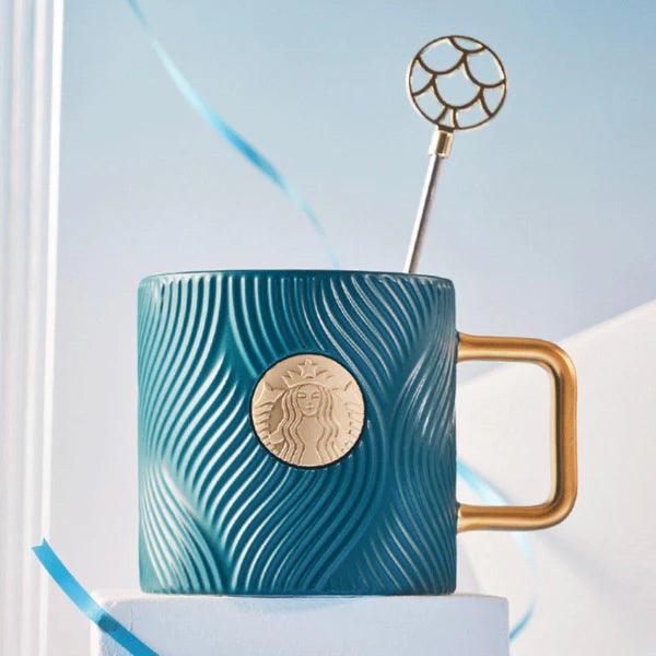 Starbucks 400ml/14oz Blueish Green Stripped Ceramic Mug with Stirrer