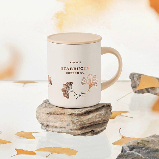 320ml/11oz Ginkgo Leaves Table Mug with Wooden Cover