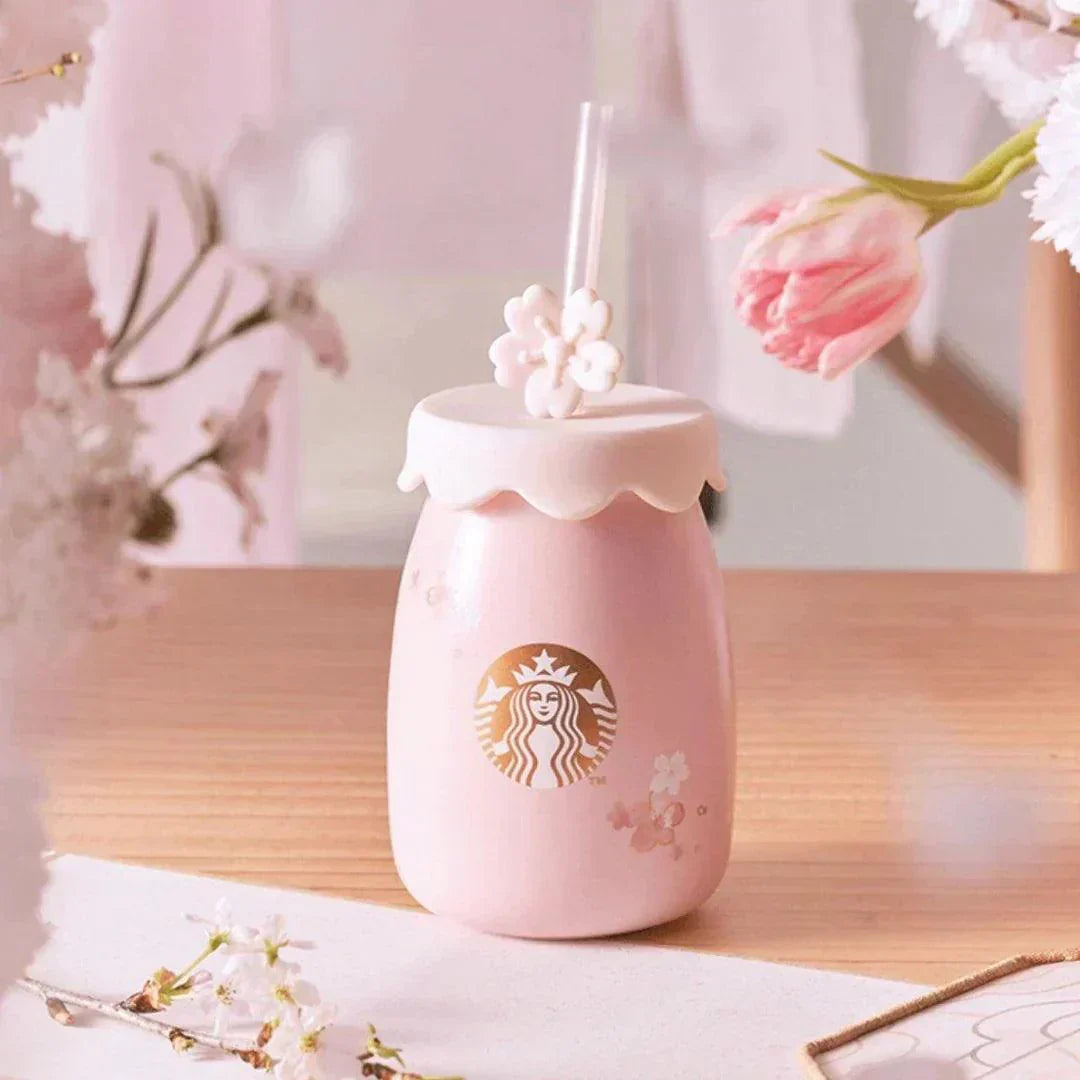 Pink Cherry Blossom Sakura Ceramic Cup withStraw and Topper 330ml/11,16oz  (Starbucks China  a Cherry Blossom 2022 Collection)