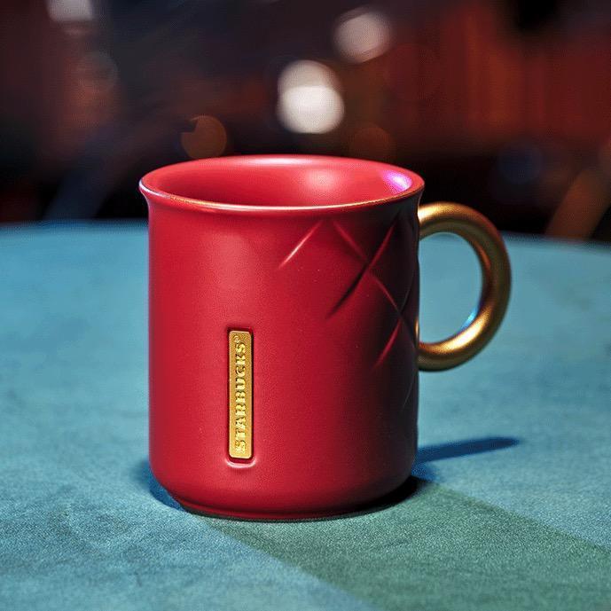 Starbucks Red Ceramic Mug with Gold Handle and Logo