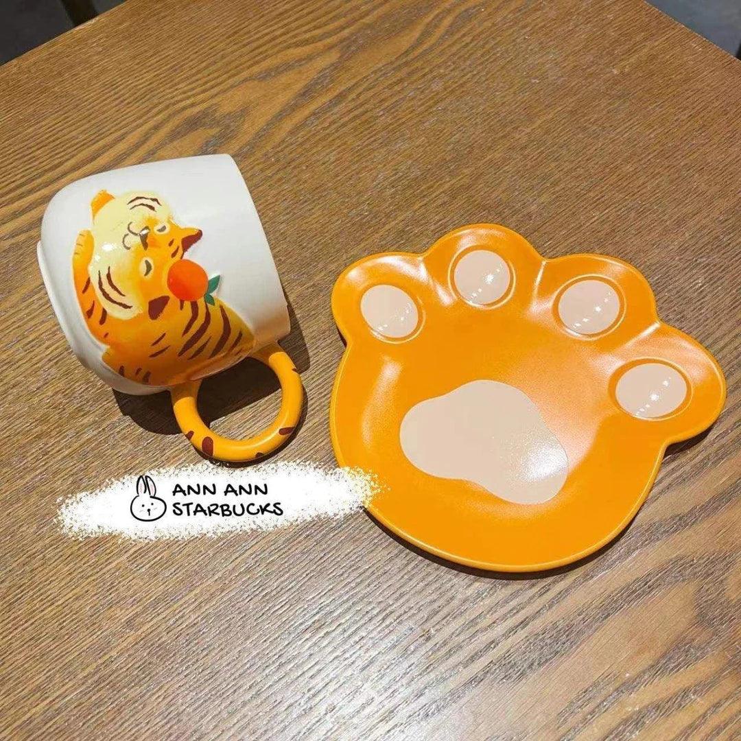 Orange Tiger 370ml / 12,5oz Ceramic Mug with Paw Saucer (Starbucks China 2022 Chinese Lunar New Year Collection)