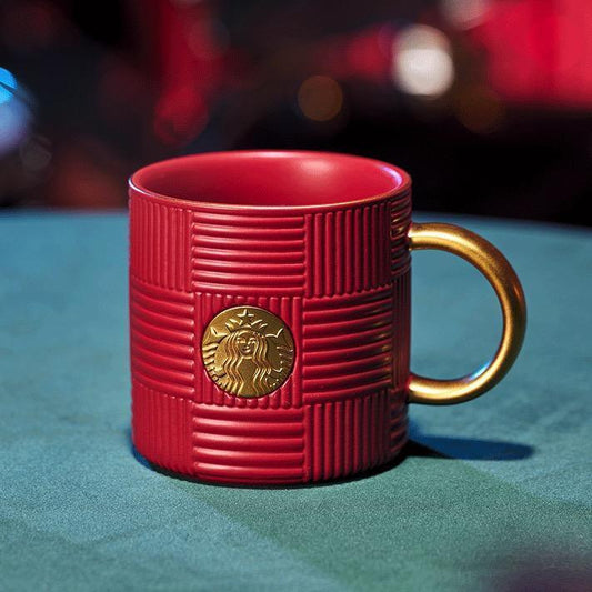 Starbucks Red Woven Style Ceramic Mug with Gold Handle and Logo