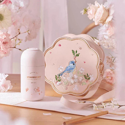 Pink Cherry Blossom Sakura Stainless Tumbler and Embroidered Bag 220ml/7.44oz  (Starbucks China Sakura Cherry Blossom 2022 Collection) 