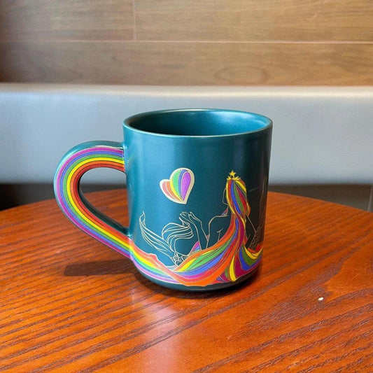 Green Ceramic Mug with Rainbow Mermaid and Heart Handle 470ml / 15,89oz (Starbucks China Valentine's Day (chess) 2022 Collection) 