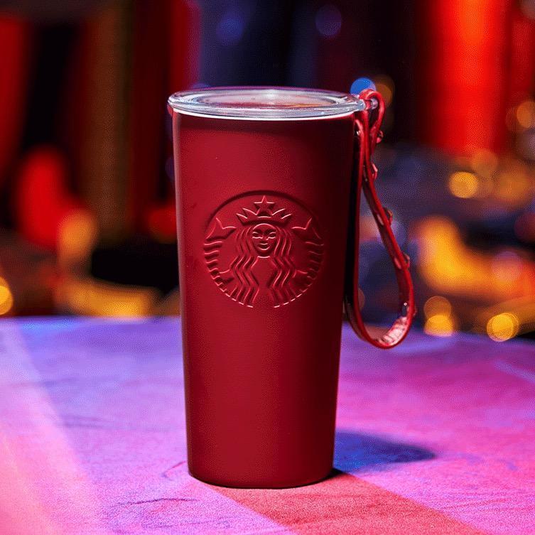 Starbucks Red Stainless Steel Cup with Glitter Lid and Studded Strap