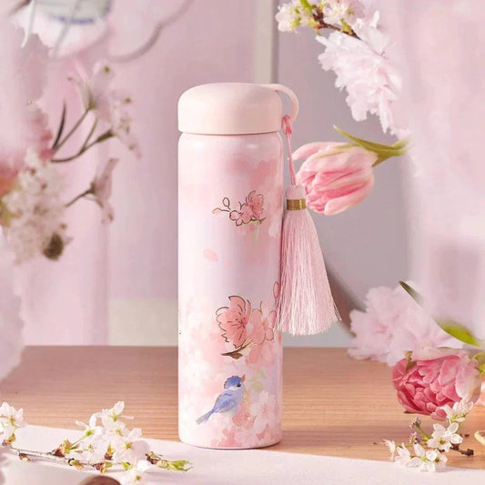 Pink Cherry Blossom Sakura and Bird Stainless Steel Tumbler with Tassel 355ml/12oz  (Starbucks China Sakura Cherry Blossom 2022 Collection) 