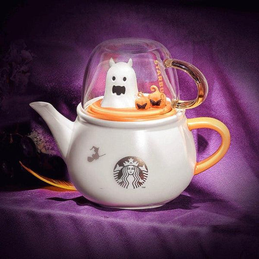 Starbucks Halloween Playful Ghost & Pumpkin Teapot and Glass Cup set