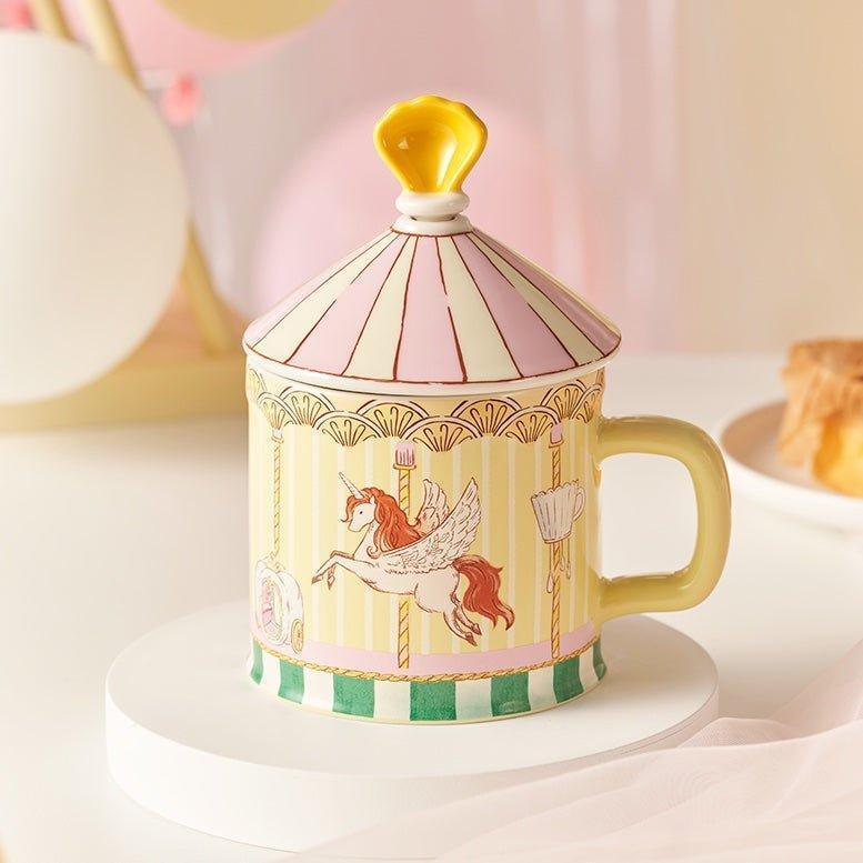 355ml/12oz Yellow Creative Carousel Ceramic Mug with Lid