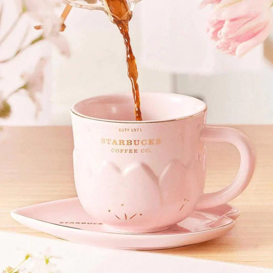 Pink Sakura Petal Ceramic Cup with Bird Petal Shaped Plate 280ml/9,47oz  (Starbucks China Sakura Cherry Blossom 2022 Collection) 