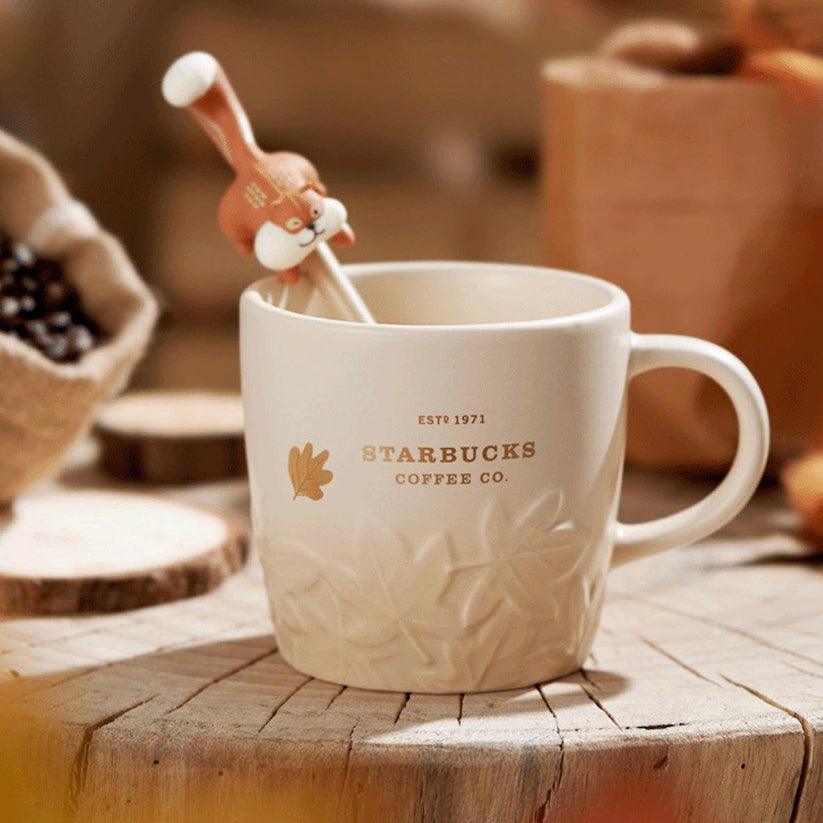 355ml/12oz Embossed Maple Leaf Ceramic Mug with Squirrel Stirrer