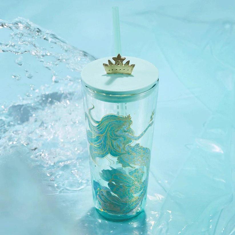 Starbucks 591ml/20oz Anniversary Ocean Double-walled Green Mermaid Goddess Glass Cup with Straw