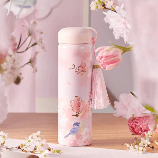 Pink Cherry Blossom Sakura and Bird Stainless Steel Tumbler with Tassel 355ml/12oz - Ann Ann Starbucks