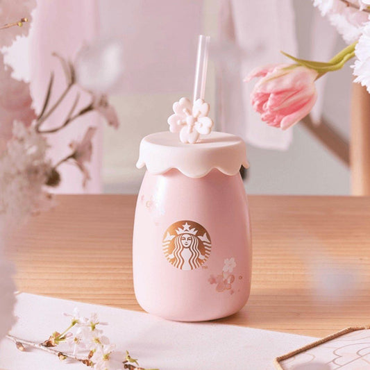 Pink Cherry Blossom Sakura Ceramic Cup withStraw and Topper 330ml/11,16oz - Ann Ann Starbucks