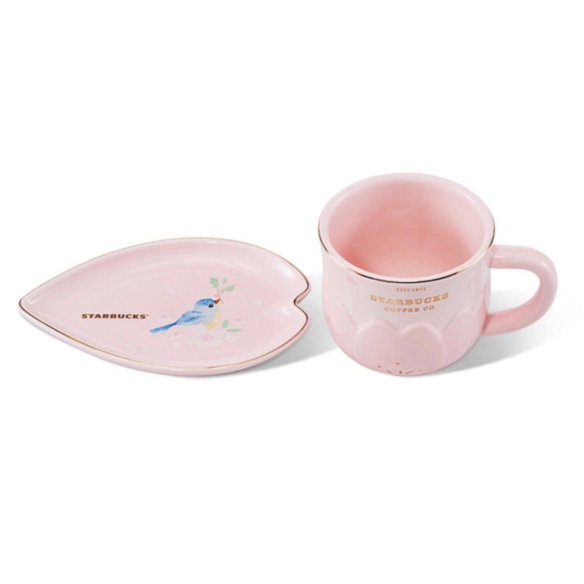 Pink Sakura Petal Ceramic Cup with Bird Petal Shaped Plate 280ml/9,47oz - Ann Ann Starbucks