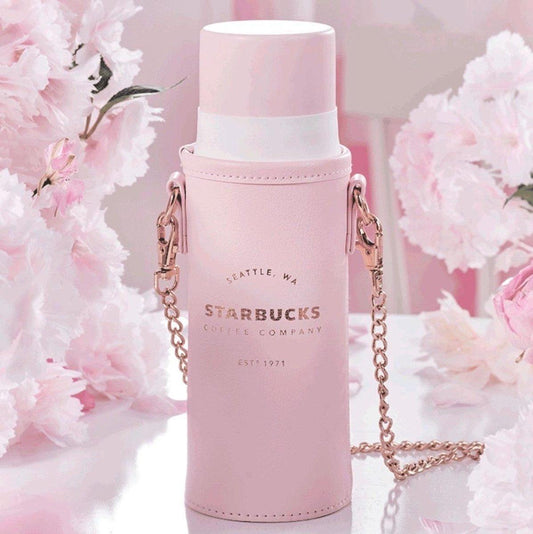 Pink Stainless Steel Vacuum Tumbler with Chain Strapped Pouch 370ml/12,51oz - Ann Ann Starbucks