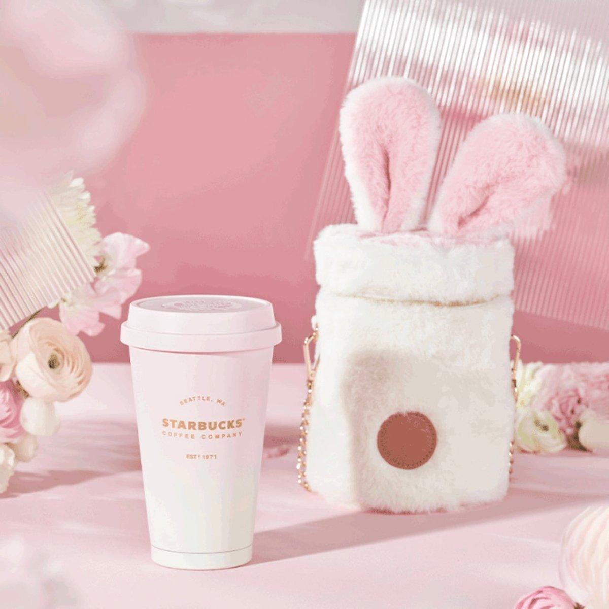 Starbucks 370ml/13oz Pink Gradient Travelling Cup with Furry Bunny Bag - Ann Ann Starbucks