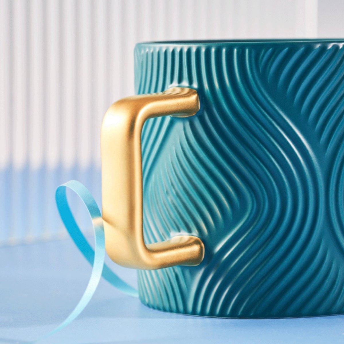 Starbucks 400ml/14oz Blueish Green Stripped Ceramic Mug with Stirrer - Ann Ann Starbucks