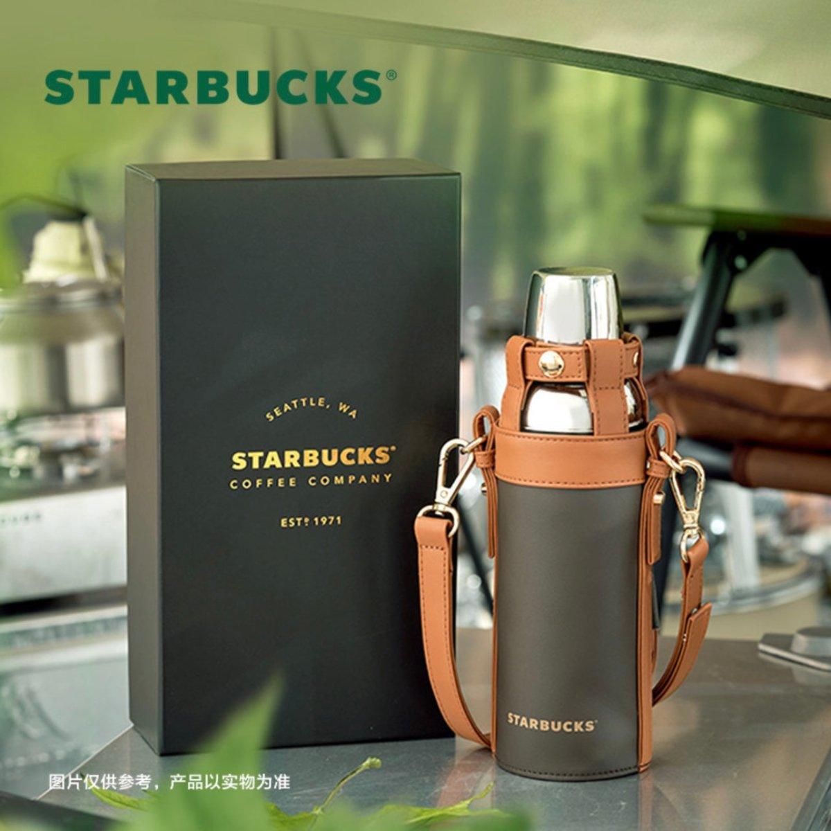 Starbucks 400ml/14oz Classic Silver Thermos Bottle with Leather Sleeve - Ann Ann Starbucks