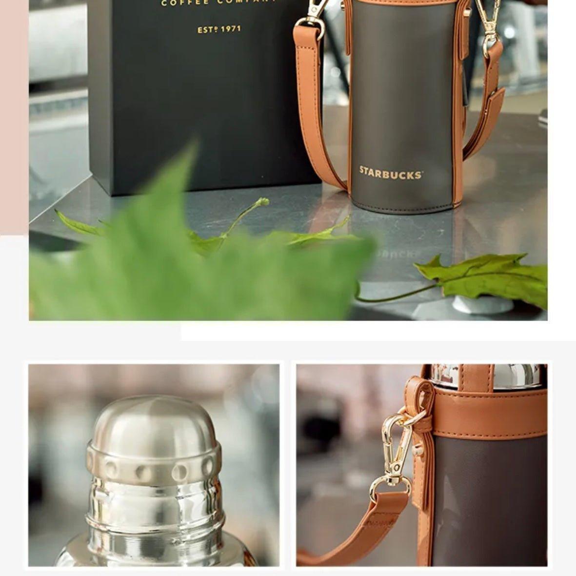 Starbucks 400ml/14oz Classic Silver Thermos Bottle with Leather Sleeve - Ann Ann Starbucks