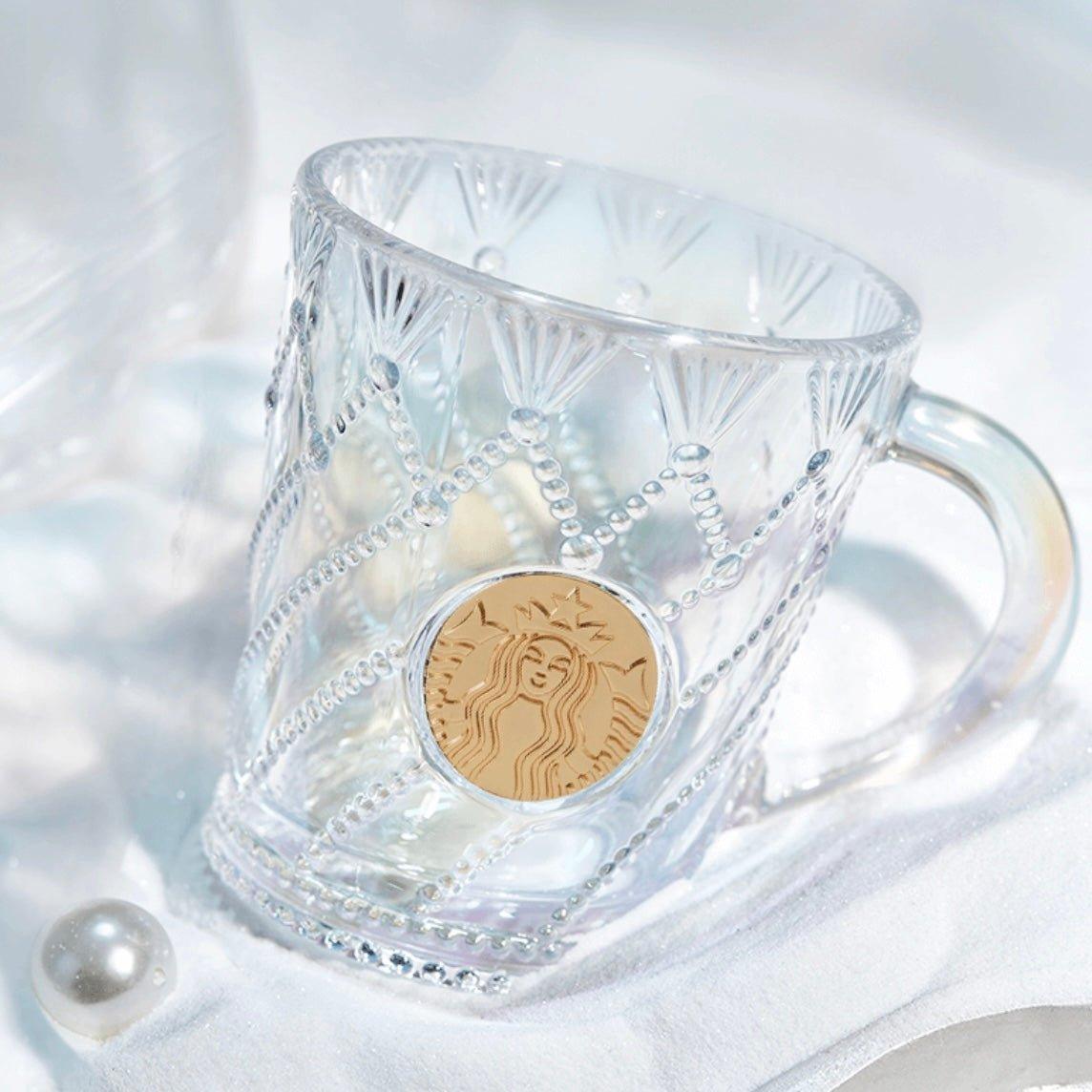 Starbucks 400ml/14oz White Gold Goddess Logo Glass Cup - Ann Ann Starbucks