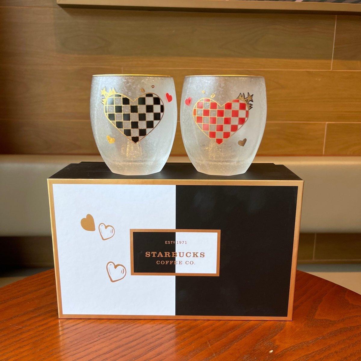 Starbucks Black and Red Checkered Hearts with Crown Couple Glass Mugs - Ann Ann Starbucks