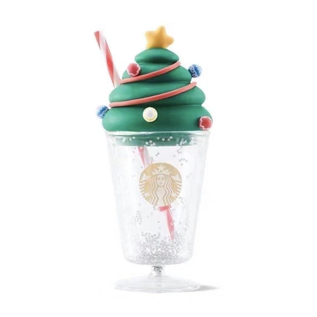 Starbucks Double Walled Footed Highball Glass Cup with Christmas Tree Lid - Starbucks China Christmas 2021 - Ann Ann Starbucks